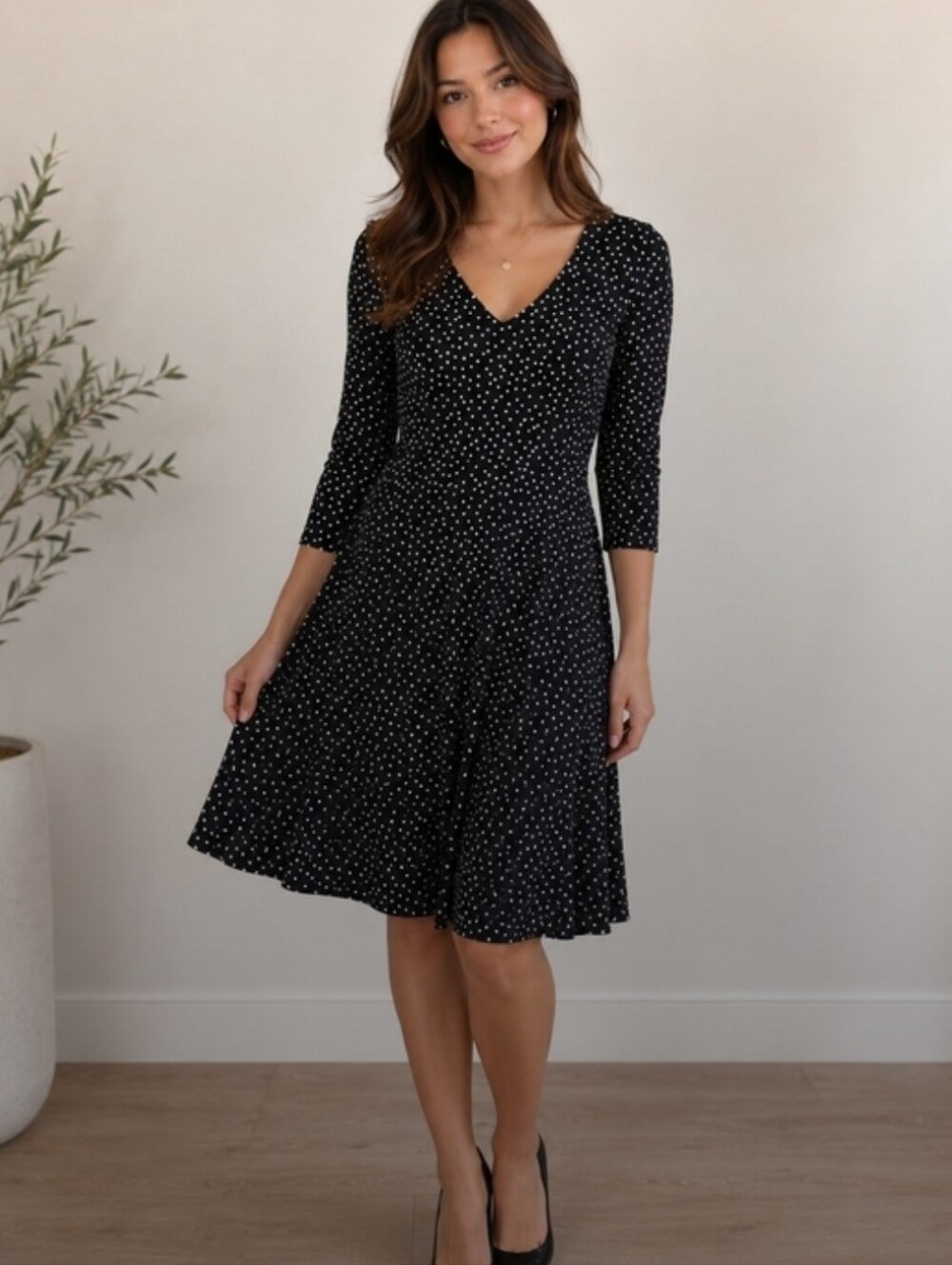 V-Neck Black Polka Dot Fit & Flare Dress